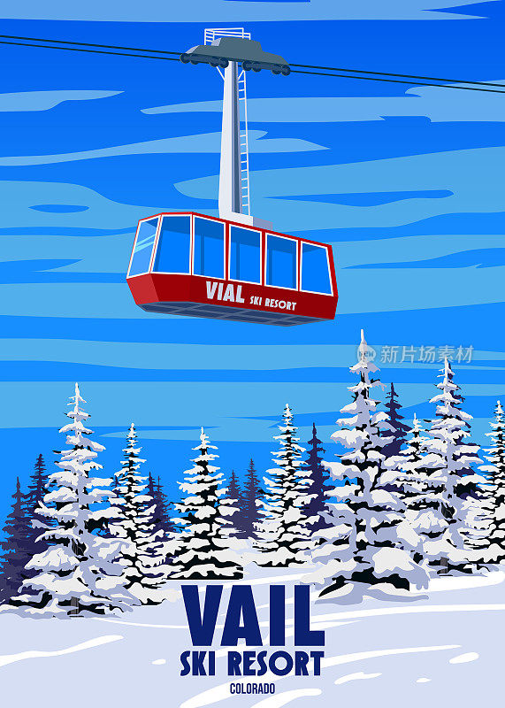 滑雪旅游胜地海报vintage Vail。美国科罗拉多州冬季风景旅游卡